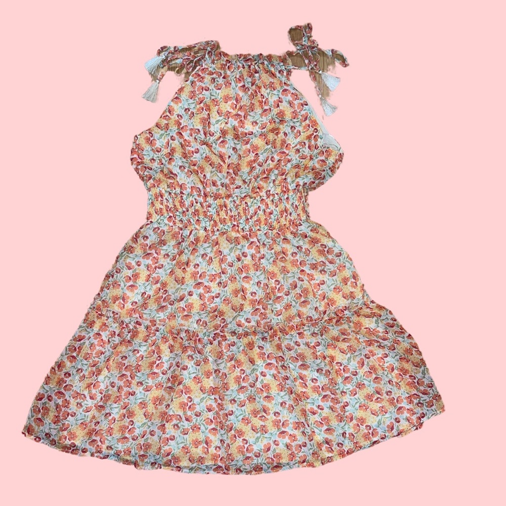 🆕#270~Promesa Orange Floral Sleeveless Halter Mini Sundress, Size Sm